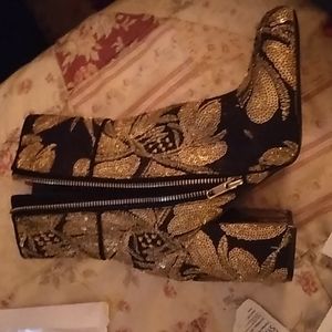 Steve Madden 7M Goldie Sequin Embroidered High Heel Black Chunky Ankle Booties